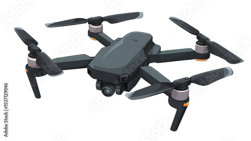 The image shows a close-up, high-angle view of a modern, dark gray quadcopter drone.  The drone has four propellers, a rectangular main body, and appears to have a camera mounted underneath