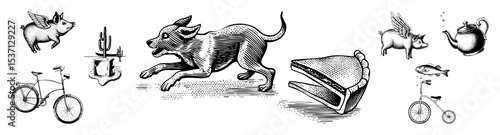 Vector Whimsical featuring a running bull flying pigs and a giant sandwich.