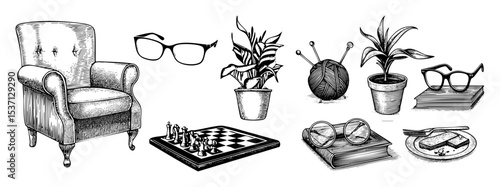 Vector Vintage armchair plants and leisure objects .