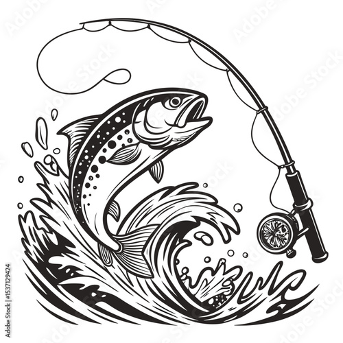 Jumping Trout with Rod – Black and White Fishing Vector Set