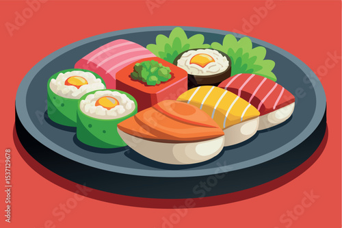 Delicious sushi platter featuring various rolls and fish served on a blue plate