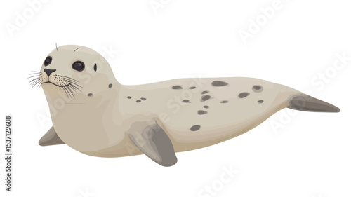 A studio shot of a harbor seal pup figurine against a white background. The figurine is predominantly light beige or off-white with dark grey spots.  The seal is depicted in a lying down position,