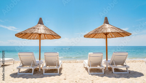 Wallpaper Mural Two beach umbrellas with lounge chairs on sandy shore by ocean   Torontodigital.ca