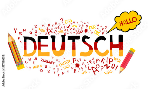 Deutsch. Translation: "German". Learning German Online education concept. German language hand drawn doodles and lettering. Language education Vector illustration for education, foreign language study