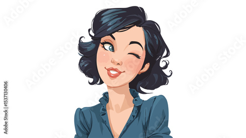 A digital illustration of a young woman with short, dark bobbed hair. She is winking and smiling, exhibiting a playful and cheerful expression.  The woman is depicted from the chest up against a