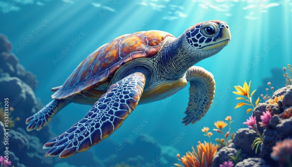 Fototapeta premium Underwater sea turtle swimming in coral reef ocean environment nature photography vibrant colors