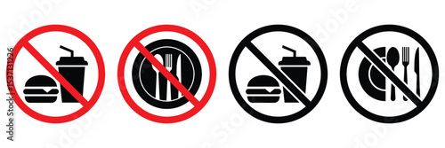 No Food or Drink Allowed Icon Set – Flat Vector Prohibited Symbols for Public Places