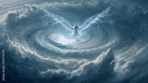 Mythical Winged Angel Rising Through Stormy Sky Surrounded by Lightning and Clouds Dramatic Cinematic Shot