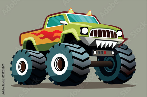 Colorful monster truck with flames and sharp details on a neutral background