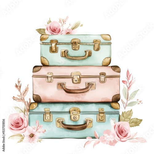 Watercolor illustration of floral travel luggage