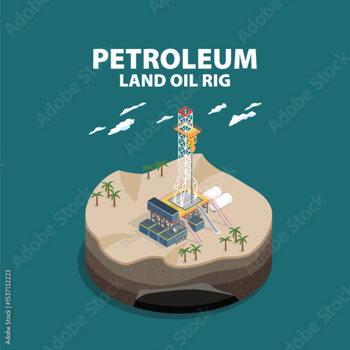 Oil Energy: Onshore Operations Land Oil Rig in Isometric graphic