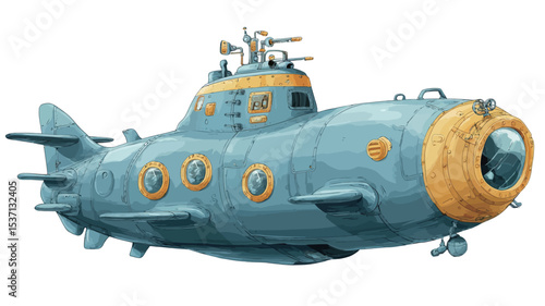 Digital illustration of a cartoon submarine. The submarine is predominantly light blue with yellow accents around the observation dome and other details. It features multiple portholes