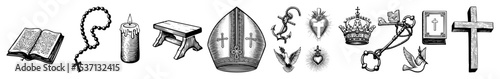 Vector Religious symbols collection featuring a book rosary candle and cross illustrations.