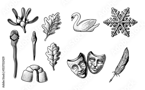 Vector Detailed vector illustrations of a swan snowflake masks and botanical elements.