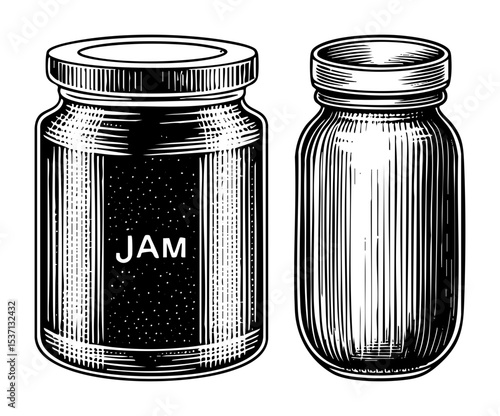 Vector Vintage jam jars with detailed engraving style.