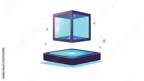 The image is a digital illustration depicting a translucent, light blue cube hovering above a dark, rectangular platform.  The cube is rendered in a 3D style with visible depth and a slight glow.