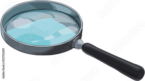 A digital illustration of a magnifying glass, angled slightly to the right. The lens is a light blue color with subtle internal reflections, suggesting a transparent material. 