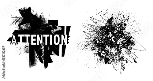 Vector Dynamic attention typographic with abstract splatter elements.