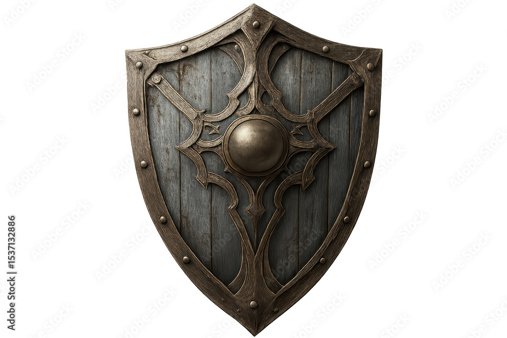 Naklejka premium Wooden shield with metal decorations representing medieval protection, isolated on transparent background, perfect for fantasy or historical projects
