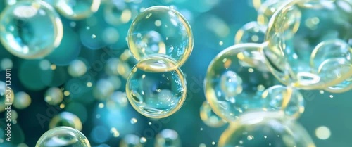 Wallpaper Mural Clear spheres against diffused light. Bubbles cluster together on turquoise background. Green hydrogen concept shown in floating shapes. Torontodigital.ca