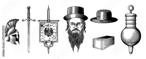 Vector Vintage illustrations of a helmet sword emblem portrait hat cube and plumb bob.