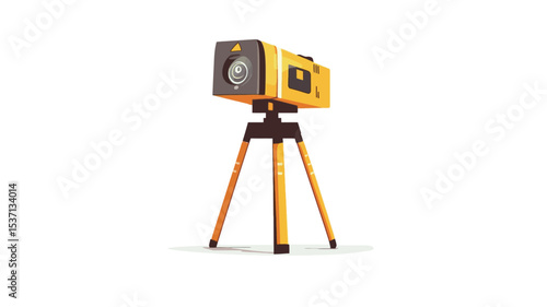 A close-up studio shot against a white background shows a small, yellow portable projector mounted on a yellow tripod. The projector is rectangular with a black top and a visible lens. The tripod
