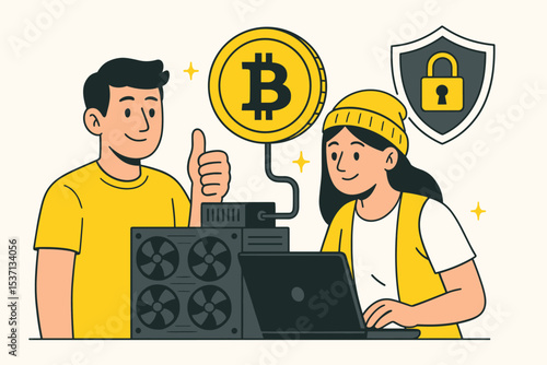 Flat Design vector Illustration of Young Man and Woman with Bitcoin, Mining Rig, and Security Shield – Digital Currency and Blockchain Tech