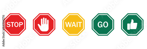 Stop, Wait, and Go Traffic Sign Set – Realistic Red, Yellow, Green Road Safety Symbols on Poles