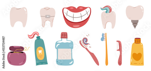 Care and treatment of teeth. Vector isolated set of cute dental implant types and stomatology tools. Paste and brush, floss and molars. Mint refreshing breath and healthy smile of patient