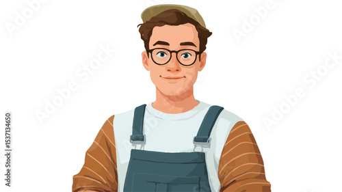 The image is a digital illustration of a young man. He has brown hair, is wearing glasses, a brown cap, and blue overalls over a white shirt and striped long-sleeved undershirt