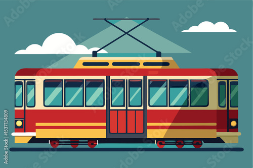 Colorful tram car design with a backdrop of clouds