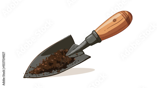 A digital illustration of a garden trowel with a wooden handle and a metal blade. The blade is partially filled with dark brown soil. The trowel is angled slightly to the right