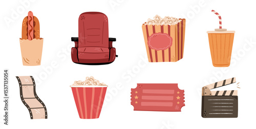 Cinema cute characters set. Vector movie theater icons or stickers collection. Isolated hot dog, seat and bucket with popcorn, paper cup with soda and film strip, ticket and clapper