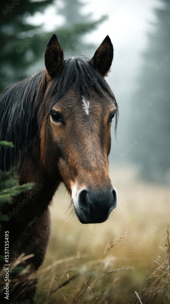 Fototapeta premium Majestic brown horse gazing thoughtfully in a misty meadow at dusk