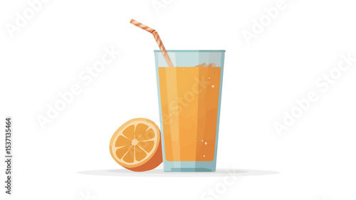 A digital illustration depicting a tall glass of orange juice with a striped straw.  A half-slice of orange is positioned next to the glass. The style is clean, bright, and cartoon-like with a