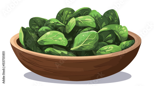 Digital illustration of a wooden bowl filled with fresh, vibrant green spinach leaves. The spinach is depicted in a realistic style with visible leaf textures and variations in color.