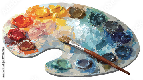 High-angle, close-up view of an artist's palette featuring a variety of vividly colored oil or acrylic paints in various shades and hues.  The paints are applied in textured dabs and strokes across
