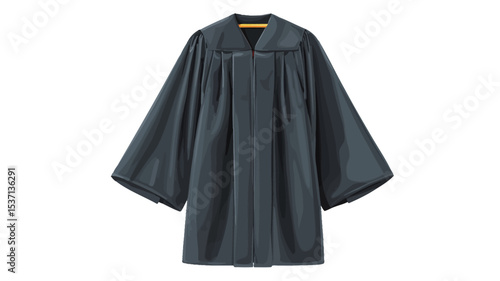 A full shot of a dark gray graduation gown, hanging on a plain white background. The gown is a simple, solid color with three-quarter length sleeves and a collared neckline.  The fabric appears