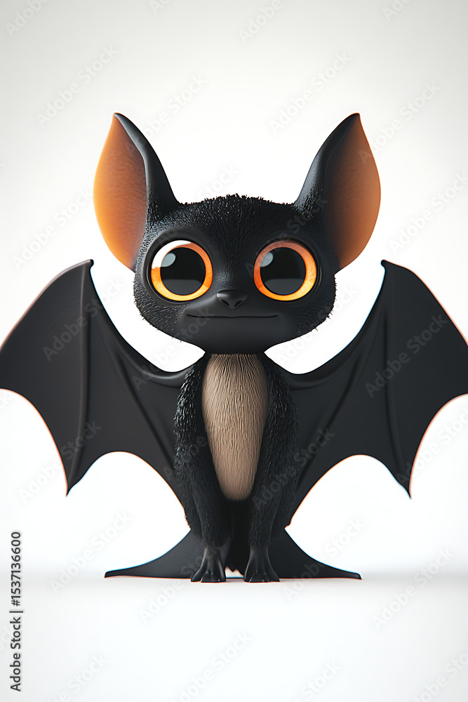 Fototapeta premium Cute cartoon bat character with large eyes and wings, set against a minimalistic background