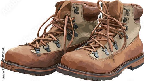 A digital illustration depicts a pair of well-worn, brown leather hiking boots. The boots are lace-up style with visible wear and tear, showing scuffs and discoloration consistent with age and use.