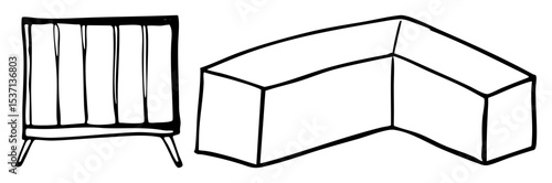 Vector Furniture set including chair and sectional sofa in linear style.