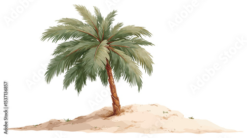 An illustration depicting a single palm tree situated on a small sand dune. The tree is rendered in a style reminiscent of watercolor painting, with visible brushstrokes and soft color transitions.