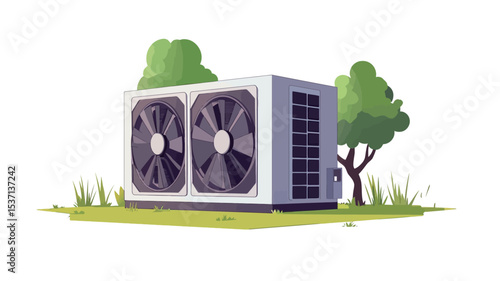 A digital illustration depicting an outdoor air conditioning unit. The unit is depicted as a white rectangular box with two prominent dark gray fans. It is situated on a patch of green grass