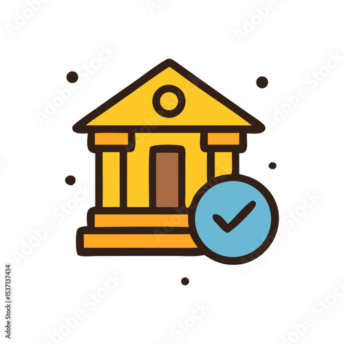 A stylized illustration of a building with a checkmark symbol.