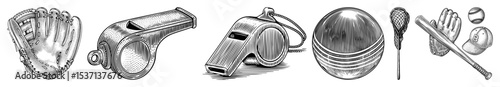 Vector Vintage sports equipment featuring a glove whistle helmet shield badminton racket and baseball bat.
