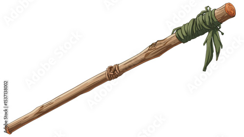 Close-up illustration of a primitive wooden club. The club is long and slender, made of light brown wood with visible texture and knots. It features a thicker end, possibly designed as a striking
