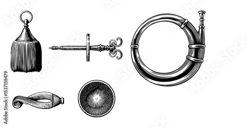 Vector Vintage Heraldry Elements: Flail Horn Buckler and Mouthpiece