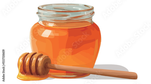 A digital illustration depicting a glass jar filled with honey, and a wooden honey dipper with a small amount of honey dripping from it. The honey is a rich, amber color. The jar is slightly wider