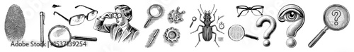 Vector Detailed vector illustrations of forensic evidence insects and questioning elements.