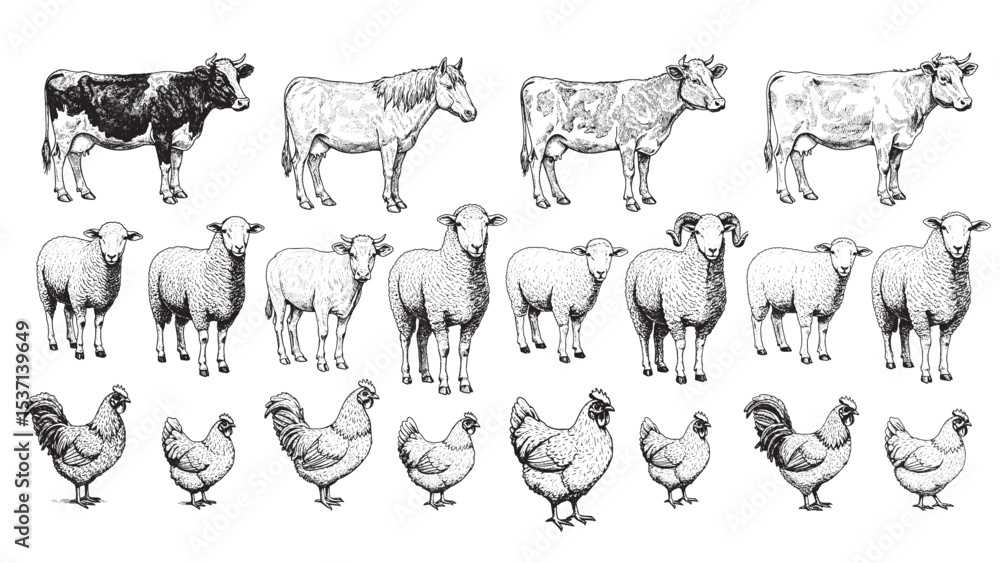 Obraz premium Engraved farm animal group vintage livestock nature rural elegant detailed classic bold illustration